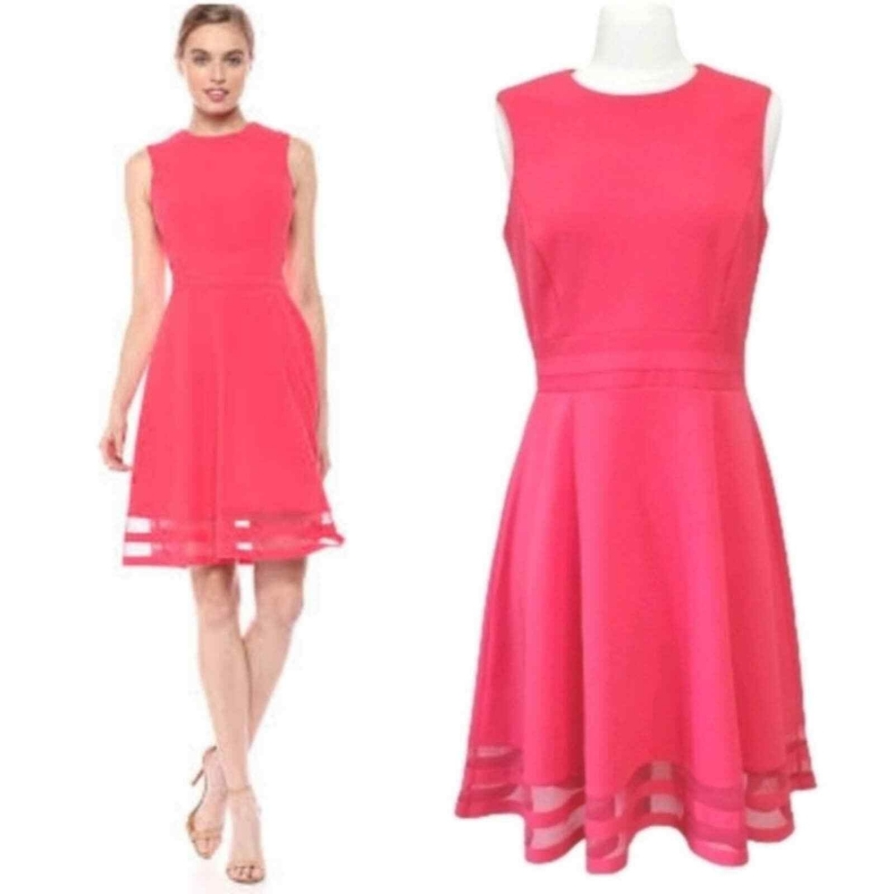 Calvin Klein Illusion Trim Fit & Flare Dress Size 6 Coral